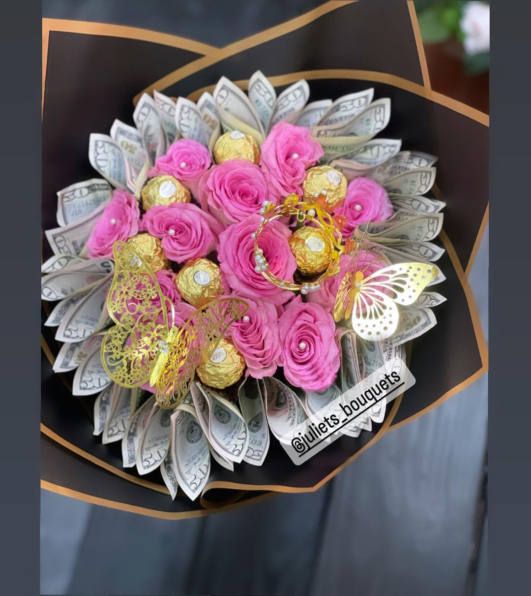 Money Flower Bouquet w/ Chocolates in Pink & Gold