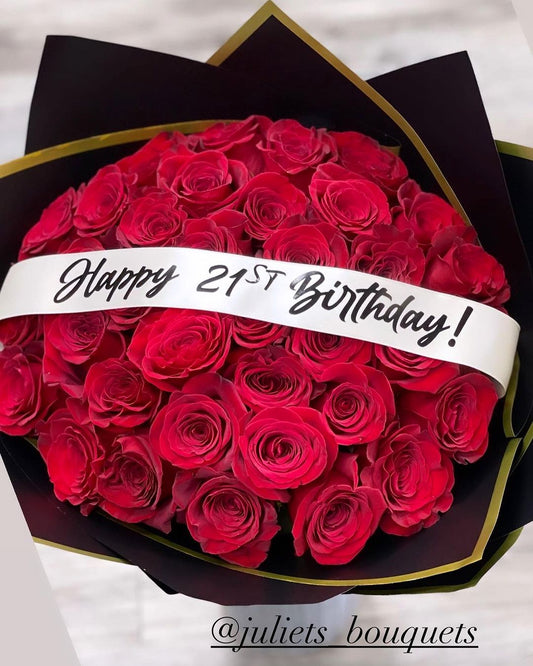 Custom Rose Bouquet in Red w/ Birthday Ribbon