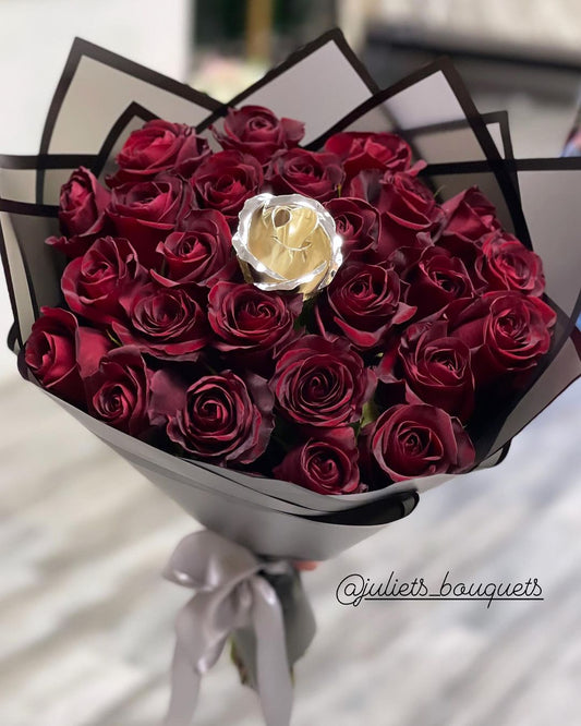 Dark Rose Flower Bouquet w/ Single Chrome Flower